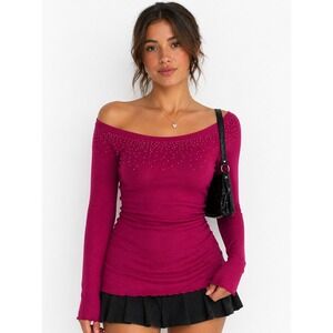 Express Y2K Fairy Grunge Beaded Fitted Top Women S Raspberry Pink Long Sleeve